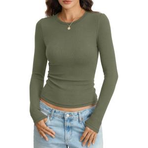 Womens Ribbed Cotton Long Sleeve Shirts Basic Crewneck Tee Slim Fit Going Out Tops Underscrub Fall Fashion 2026(Green)