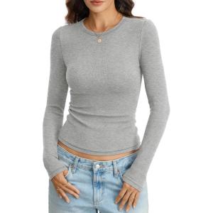 Womens Ribbed Cotton Long Sleeve Shirts Basic Crewneck Tee Slim Fit Going Out Tops Underscrub Fall Fashion 2026(Heather Grey)