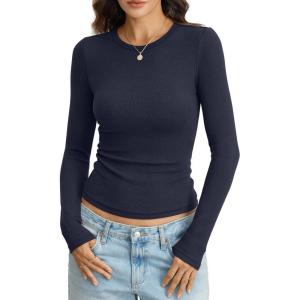 Womens Ribbed Cotton Long Sleeve Shirts Basic Crewneck Tee Slim Fit Going Out Tops Underscrub Fall Fashion 2026(Navy Blue)