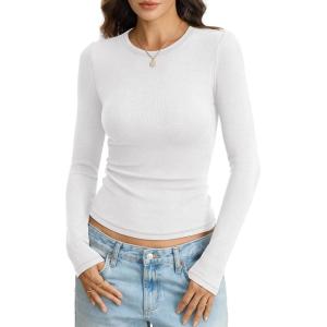 Womens Ribbed Cotton Long Sleeve Shirts Basic Crewneck Tee Slim Fit Going Out Tops Underscrub Fall Fashion 2026(White)