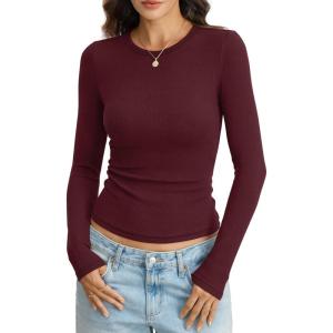Womens Ribbed Cotton Long Sleeve Shirts Basic Crewneck Tee Slim Fit Going Out Tops Underscrub Fall Fashion 2026(Wine Red)