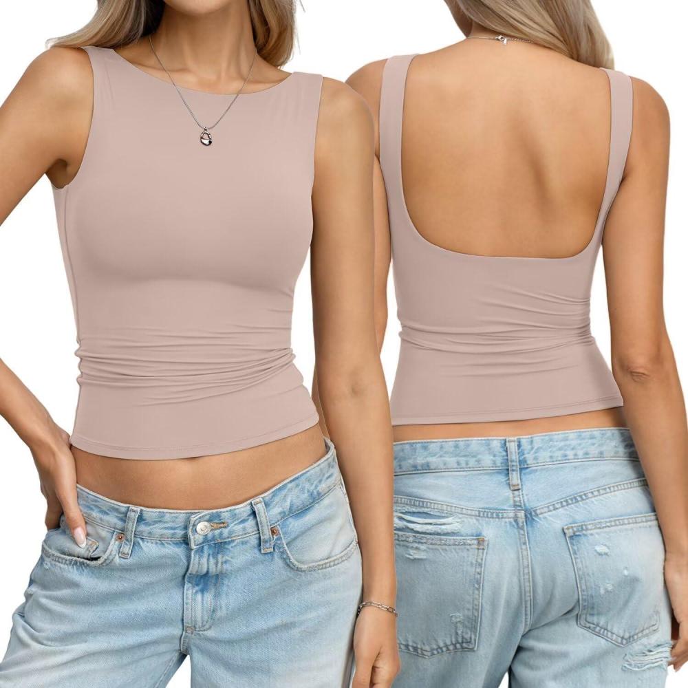imageWomens Double Lined Backless Crop Tank Tops Fitted Boat Neck Top Summer Sleeveless Going Out Cropped T ShirtsApricot