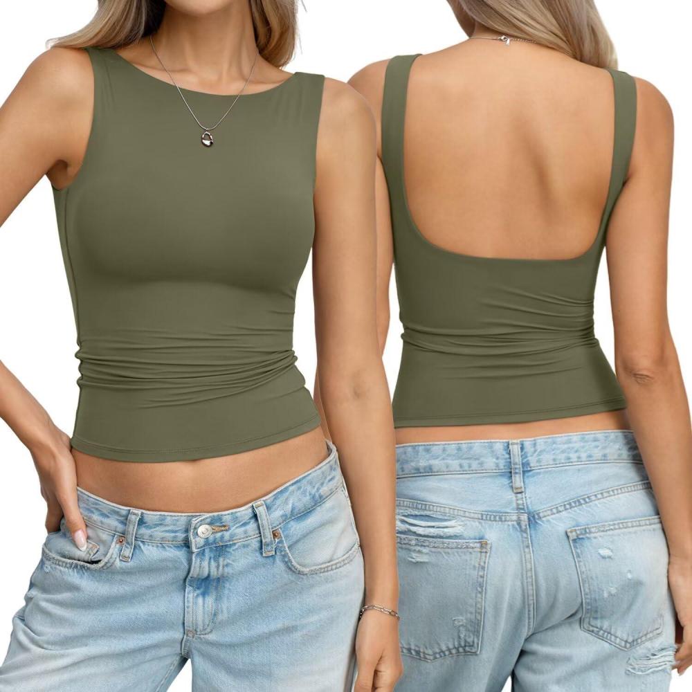 imageWomens Double Lined Backless Crop Tank Tops Fitted Boat Neck Top Summer Sleeveless Going Out Cropped T ShirtsArmy Green