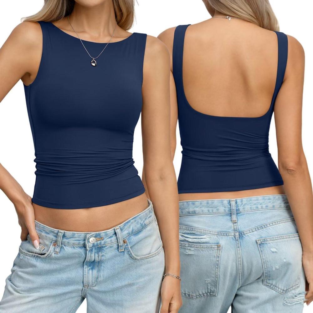 imageWomens Double Lined Backless Crop Tank Tops Fitted Boat Neck Top Summer Sleeveless Going Out Cropped T ShirtsNavy Blue
