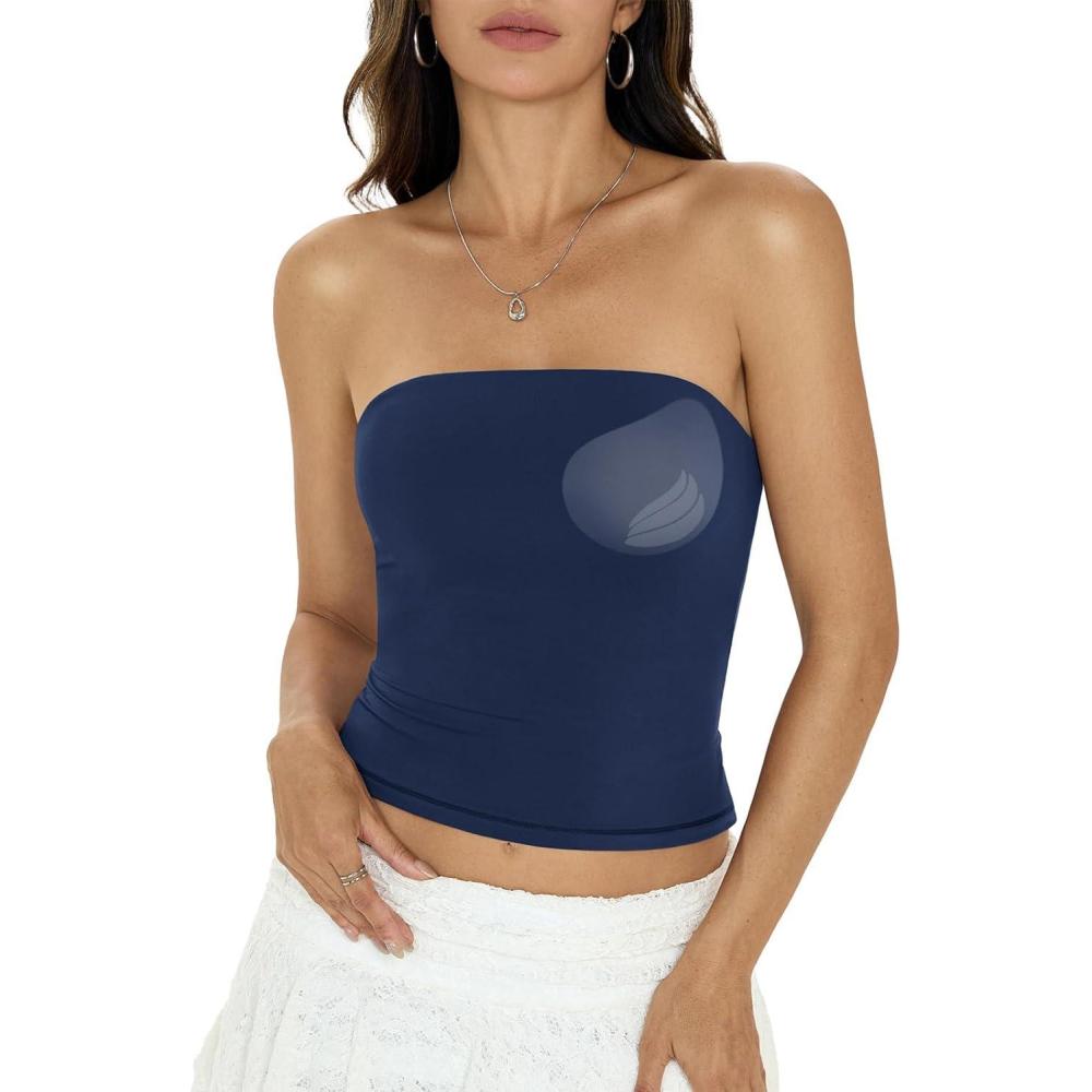 imageWomens Padded Double Lined Tube Tops Non Slip Crop Strapless Bandeau Tops Sexy Going Out Tops Y2K Summer OutfitNavy Blue