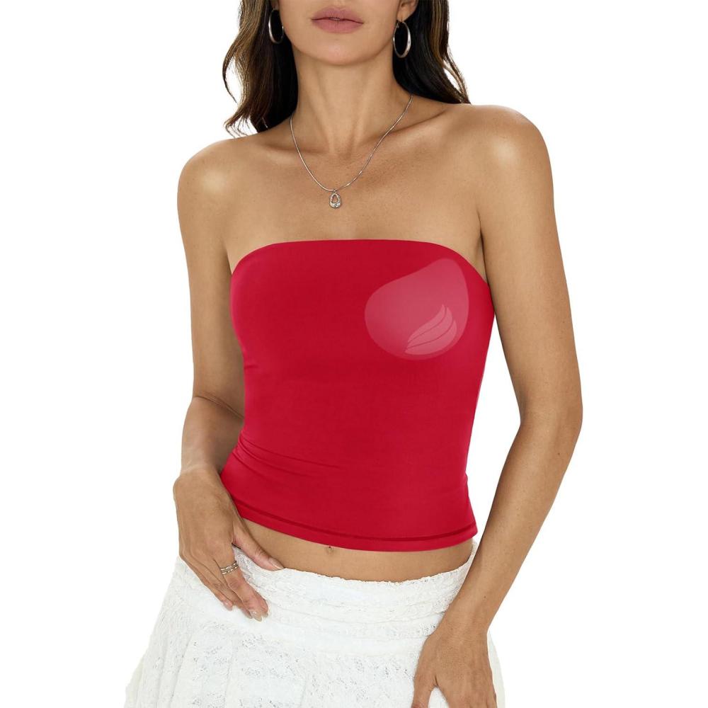 imageWomens Padded Double Lined Tube Tops Non Slip Crop Strapless Bandeau Tops Sexy Going Out Tops Y2K Summer OutfitRed