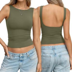 Womens Double Lined Backless Crop Tank Tops Fitted Boat Neck Top Summer Sleeveless Going Out Cropped T Shirts(Army Green)