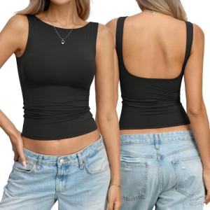 Womens Double Lined Backless Crop Tank Tops Fitted Boat Neck Top Summer Sleeveless Going Out Cropped T Shirts(Black)