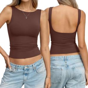 Womens Double Lined Backless Crop Tank Tops Fitted Boat Neck Top Summer Sleeveless Going Out Cropped T Shirts(Brown)