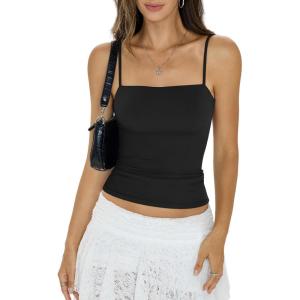 Womens Double Lined Camisole Square Neck Spaghetti Strap Tank Top Sexy Backless Shirt Fitted Y2K Going Out Top(Black)
