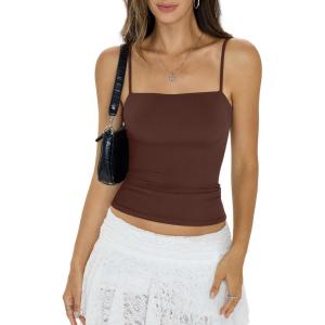 Womens Double Lined Camisole Square Neck Spaghetti Strap Tank Top Sexy Backless Shirt Fitted Y2K Going Out Top(Brown)