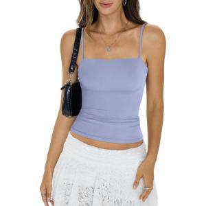 Womens Double Lined Camisole Square Neck Spaghetti Strap Tank Top Sexy Backless Shirt Fitted Y2K Going Out Top(Light Blue)