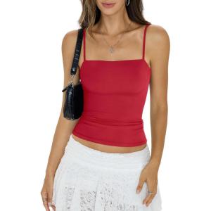 Womens Double Lined Camisole Square Neck Spaghetti Strap Tank Top Sexy Backless Shirt Fitted Y2K Going Out Top(Red)