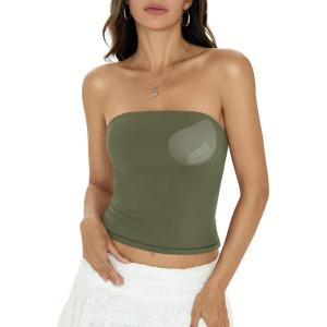 Womens Padded Double Lined Tube Tops Non Slip Crop Strapless Bandeau Tops Sexy Going Out Tops Y2K Summer Outfit(Army Green)