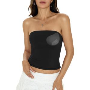 Womens Padded Double Lined Tube Tops Non Slip Crop Strapless Bandeau Tops Sexy Going Out Tops Y2K Summer Outfit(Black)