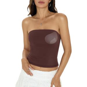 Womens Padded Double Lined Tube Tops Non Slip Crop Strapless Bandeau Tops Sexy Going Out Tops Y2K Summer Outfit(Brown)