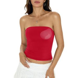 Womens Padded Double Lined Tube Tops Non Slip Crop Strapless Bandeau Tops Sexy Going Out Tops Y2K Summer Outfit(Red)
