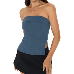 Womens Strapless Tube Tops Basic Backless Sleeveless Bandeau Going Out Crop Top Summer Outfits Clothes(Grey Blue)
