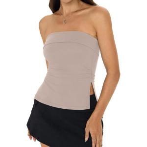Womens Strapless Tube Tops Basic Backless Sleeveless Bandeau Going Out Crop Top Summer Outfits Clothes(Grey Coffee)