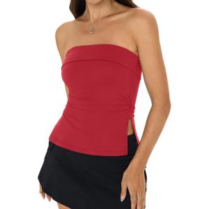 Womens Strapless Tube Tops Basic Backless Sleeveless Bandeau Going Out Crop Top Summer Outfits Clothes(Red)