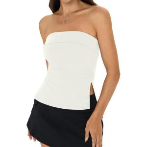 Womens Strapless Tube Tops Basic Backless Sleeveless Bandeau Going Out Crop Top Summer Outfits Clothes(White)