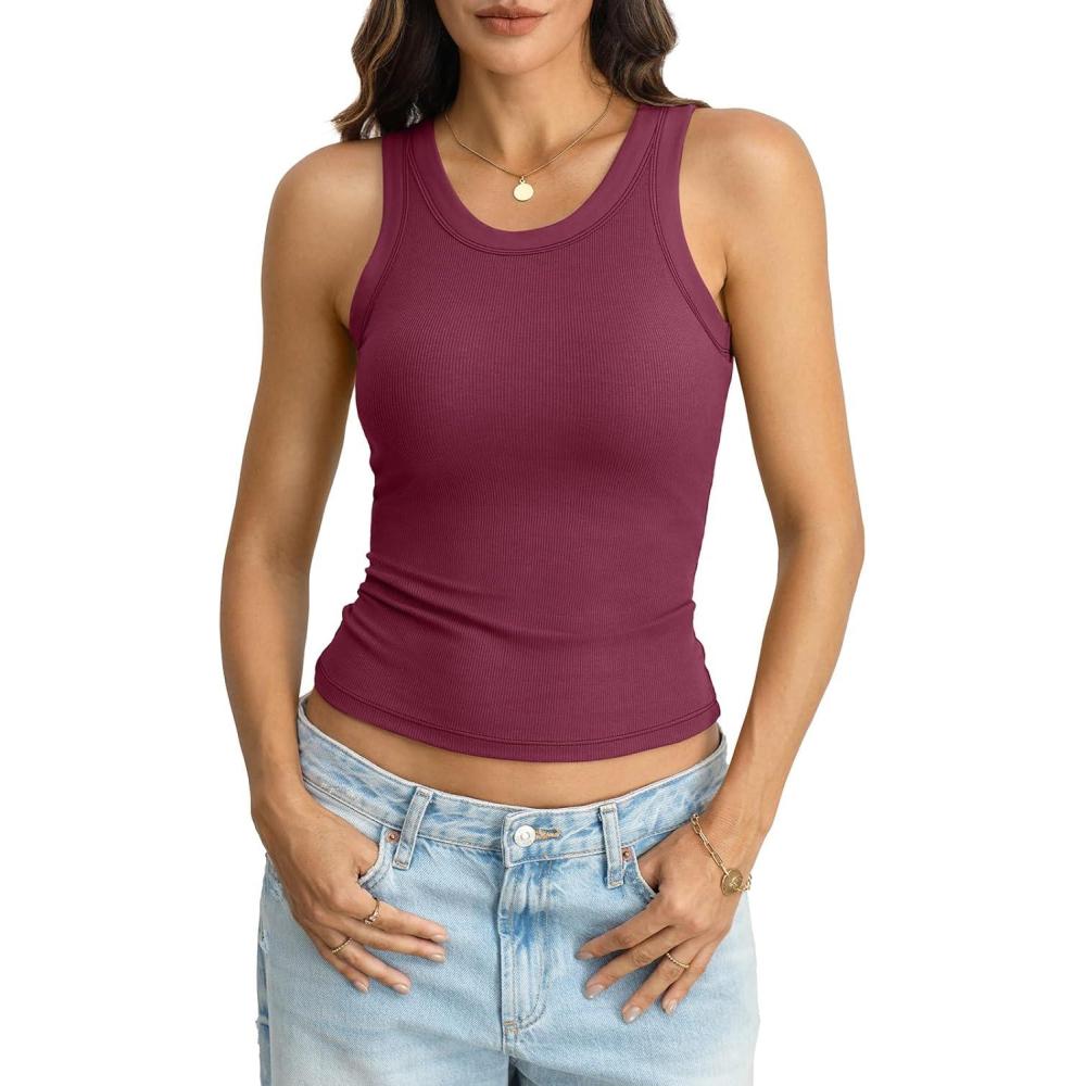 imageWomens Built in Bra Tank Tops Cotton Ribbed Crew Neck Vest Basic Fitted Padded Tank Summer Trendy 2026Wine Red