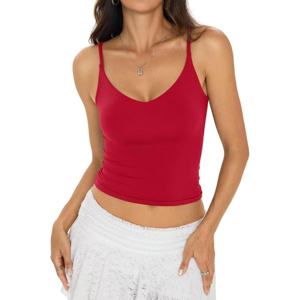 imageWomens Double Lined Camisole Crop Tops Sexy V Neck Spaghetti Straps Tank Tops Fitted Y2K Summer Going Out ShirtRed