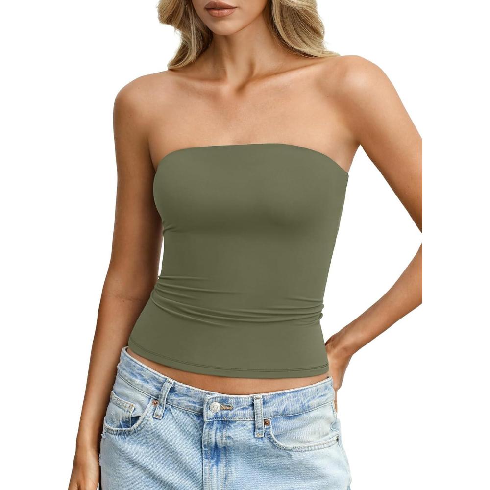imageWomens Double Lined Tube Tops Non Slip Sexy Strapless Bandeau Top Y2K Sleeveless Going Out Tops Summer OutfitsArmy Green
