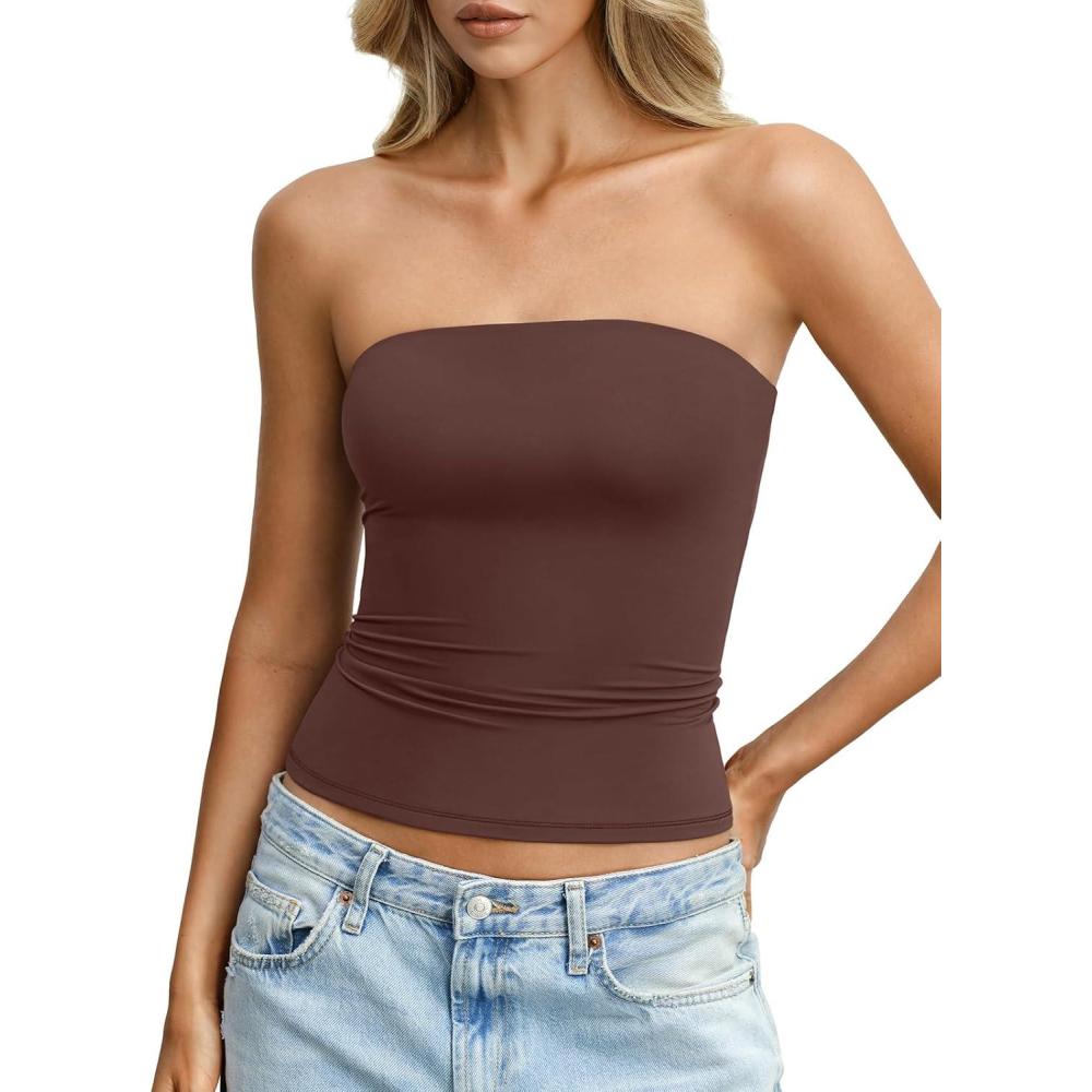 imageWomens Double Lined Tube Tops Non Slip Sexy Strapless Bandeau Top Y2K Sleeveless Going Out Tops Summer OutfitsBrown