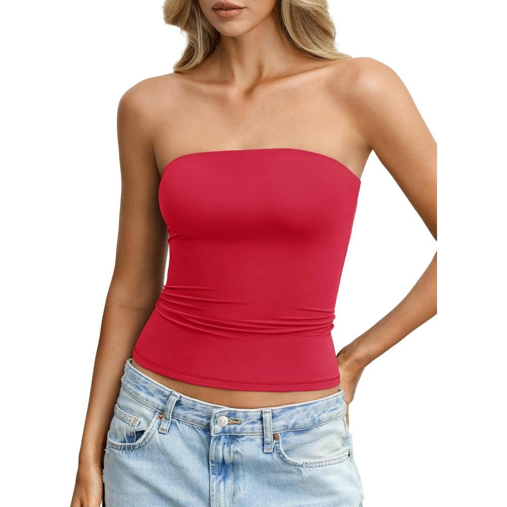 imageWomens Double Lined Tube Tops Non Slip Sexy Strapless Bandeau Top Y2K Sleeveless Going Out Tops Summer OutfitsRed