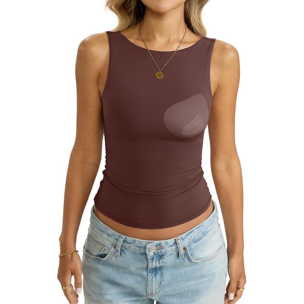 imageWomens Padded Double Lined Tank Tops Boat Neck Built in Bra Going Out Top Low Back Sleeveless Summer OutfitBrown