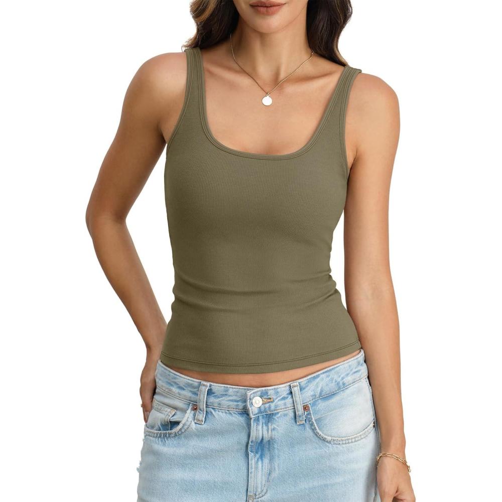 imageWomens Padded Tank Top Cotton Ribbed Built in Bra Scoop Neck Camisole Top Fitted Sleeveless Basic T Shirts 2026Army Green