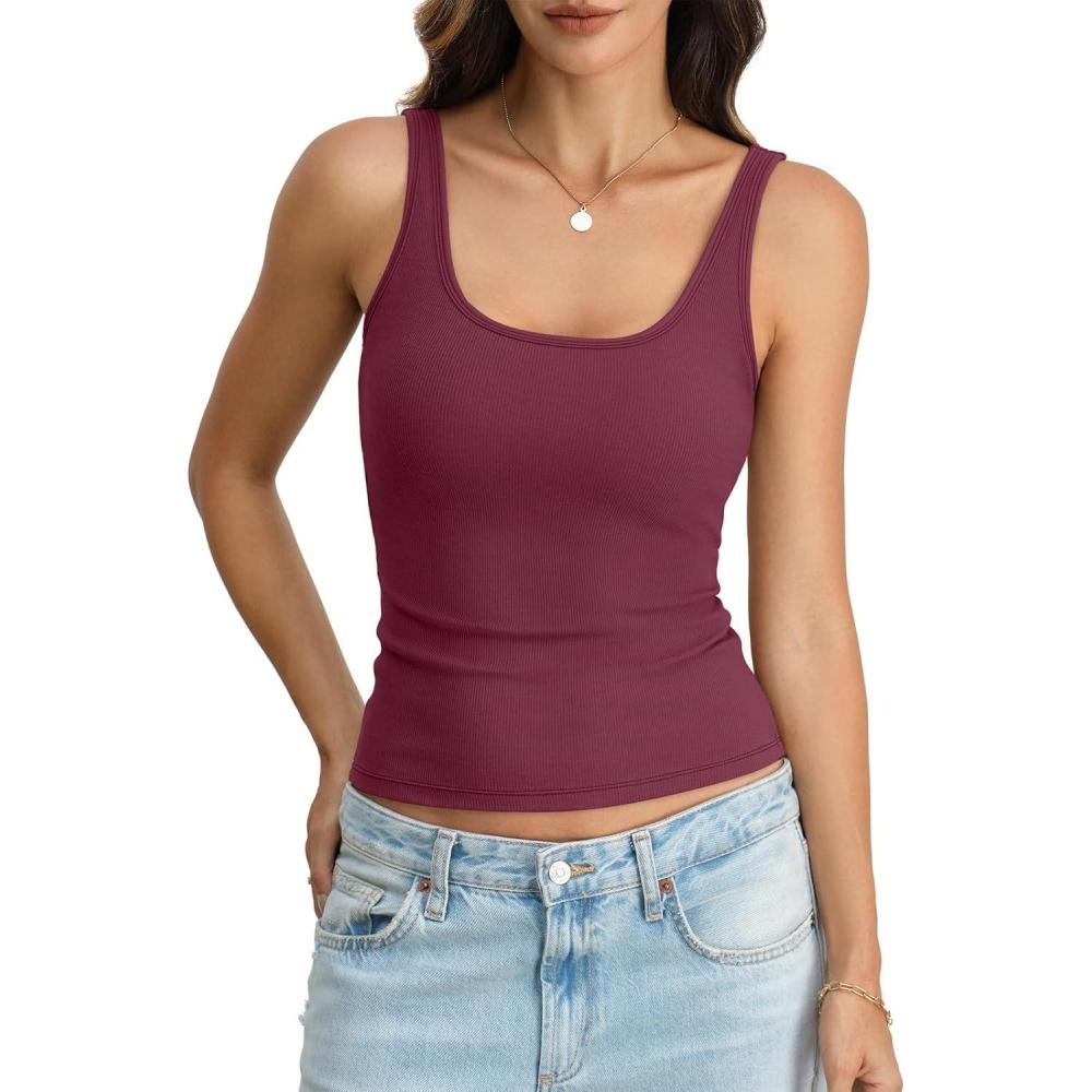 imageWomens Padded Tank Top Cotton Ribbed Built in Bra Scoop Neck Camisole Top Fitted Sleeveless Basic T Shirts 2026Wine Red