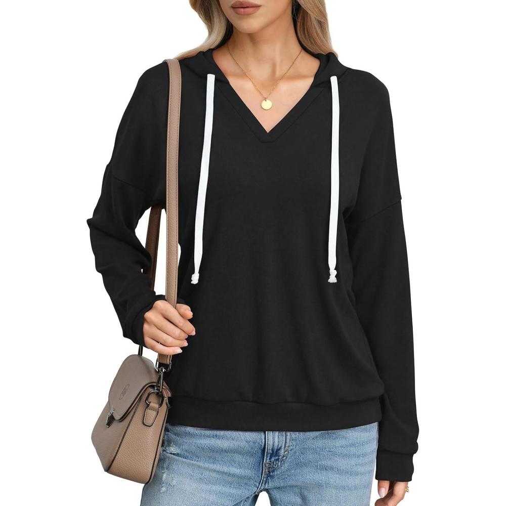 imageWomens V Neck Hoodie Lightweight Long Sleeve Sweatshirts Casual Loose Drawstring Pullover Fall Fashion Top 2026Black