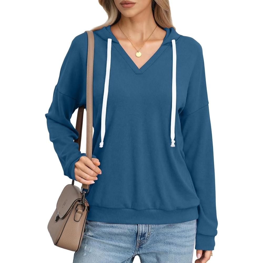 imageWomens V Neck Hoodie Lightweight Long Sleeve Sweatshirts Casual Loose Drawstring Pullover Fall Fashion Top 2026Blue