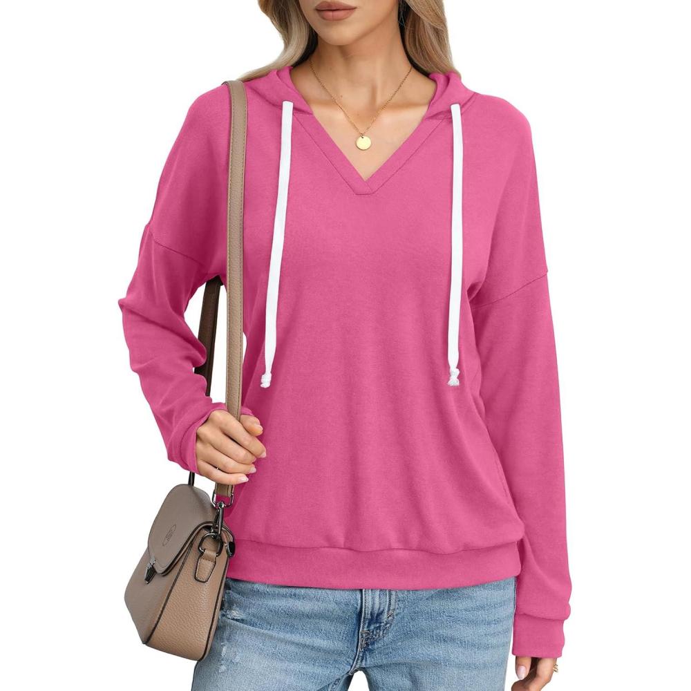 imageWomens V Neck Hoodie Lightweight Long Sleeve Sweatshirts Casual Loose Drawstring Pullover Fall Fashion Top 2026Hot Pink
