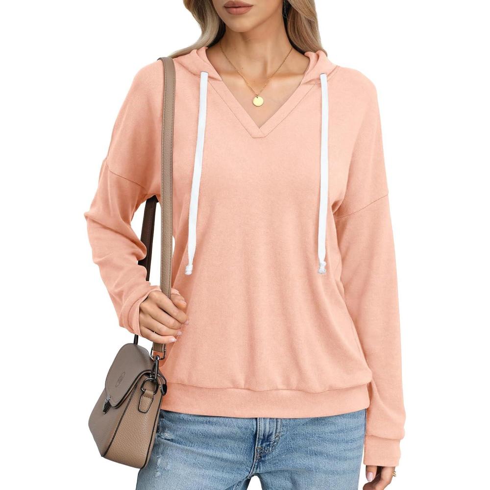 imageWomens V Neck Hoodie Lightweight Long Sleeve Sweatshirts Casual Loose Drawstring Pullover Fall Fashion Top 2026Peachy Pink