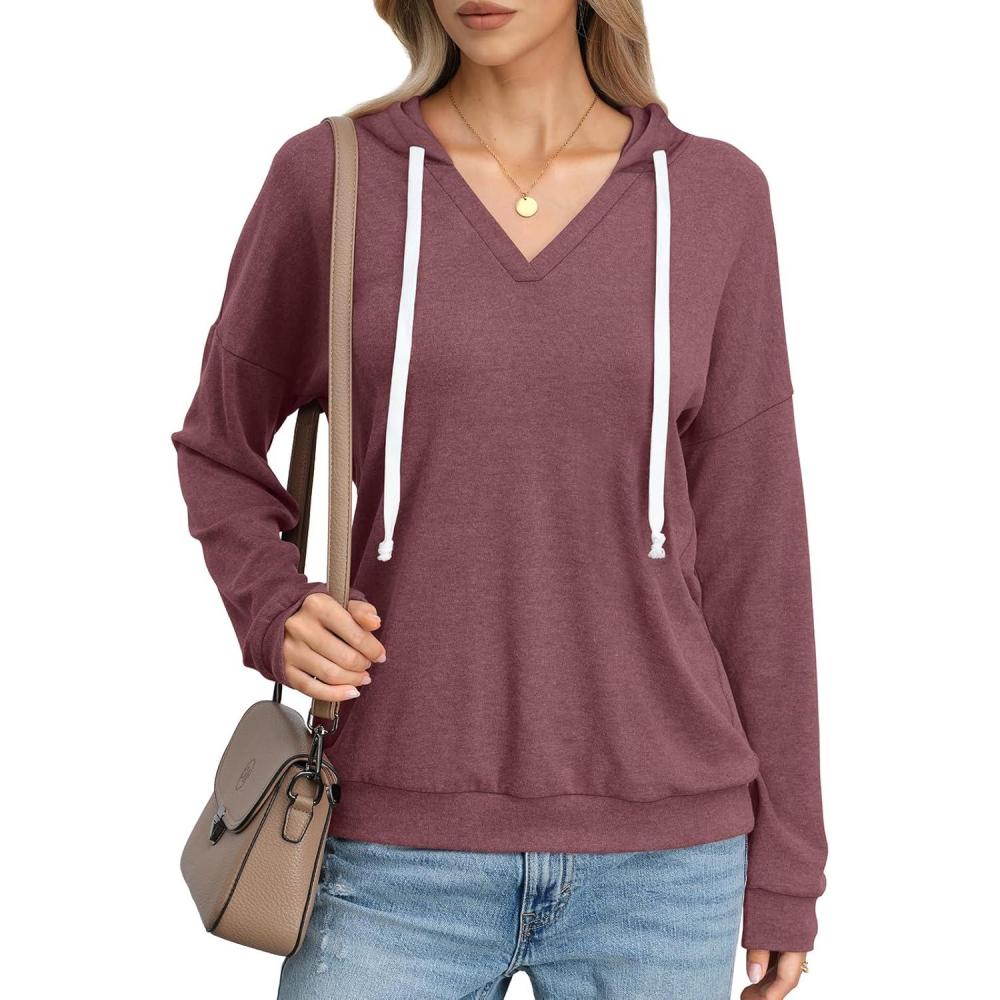 imageWomens V Neck Hoodie Lightweight Long Sleeve Sweatshirts Casual Loose Drawstring Pullover Fall Fashion Top 2026Wine Red