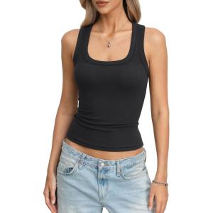 Womens Cotton Ribbed Square Neck Tank Tops Racerback Sleeveless Cami Shirts Slim Fit Summer Basic Clothes 2026(Black)