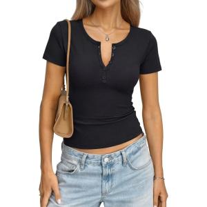 Womens Cotton Short Sleeve Shirts V Neck Henley Tops Fitted Basic Going Out Tshirts Summer Fashion Outfits 2026(Black)