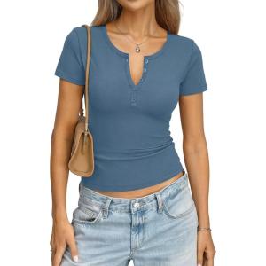 Womens Cotton Short Sleeve Shirts V Neck Henley Tops Fitted Basic Going Out Tshirts Summer Fashion Outfits 2026(Kyanite)