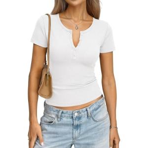 Womens Cotton Short Sleeve Shirts V Neck Henley Tops Fitted Basic Going Out Tshirts Summer Fashion Outfits 2026(White)