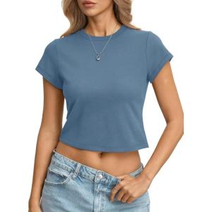 Womens Cotton T Shirts Basic Baby Tee Crop Tops Crewneck Slim Fit Short Sleeves Tee Summer Cute Clothes 2026(Kyanite Blue)
