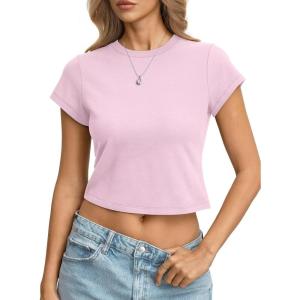 Womens Cotton T Shirts Basic Baby Tee Crop Tops Crewneck Slim Fit Short Sleeves Tee Summer Cute Clothes 2026(Pink)