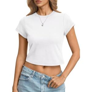 Womens Cotton T Shirts Basic Baby Tee Crop Tops Crewneck Slim Fit Short Sleeves Tee Summer Cute Clothes 2026(White)