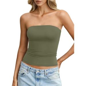 Womens Double Lined Tube Tops Non Slip Sexy Strapless Bandeau Top Y2K Sleeveless Going Out Tops Summer Outfits(Army Green)