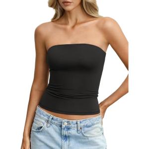 Womens Double Lined Tube Tops Non Slip Sexy Strapless Bandeau Top Y2K Sleeveless Going Out Tops Summer Outfits(Black)