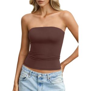 Womens Double Lined Tube Tops Non Slip Sexy Strapless Bandeau Top Y2K Sleeveless Going Out Tops Summer Outfits(Brown)