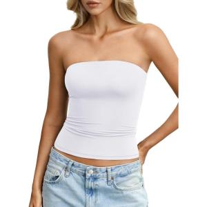 Womens Double Lined Tube Tops Non Slip Sexy Strapless Bandeau Top Y2K Sleeveless Going Out Tops Summer Outfits(Pure White)