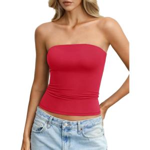 Womens Double Lined Tube Tops Non Slip Sexy Strapless Bandeau Top Y2K Sleeveless Going Out Tops Summer Outfits(Red)